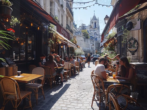 Besucher geniessen die Sonne in einem Strassencafe mit Blick auf historische Gebaeude, Lifestyle in Paris, Frankreich, AI generiert, AI generated
