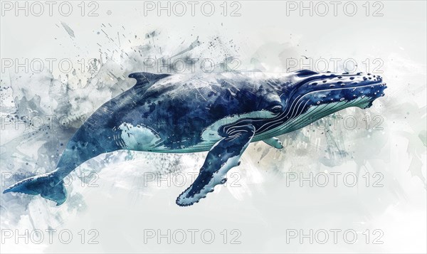 Watercolor illustration of a humpback whale in the ocean AI generated