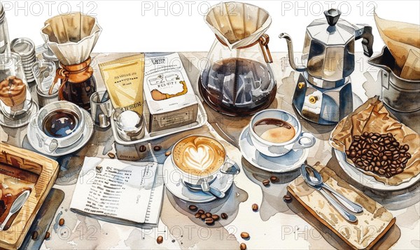 Watercolor illustration of a coffee shop scene with various coffee-related items like cups AI generated