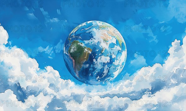 Watercolor illustration of the Earth globe with fluffy clouds against a clear blue sky AI generated