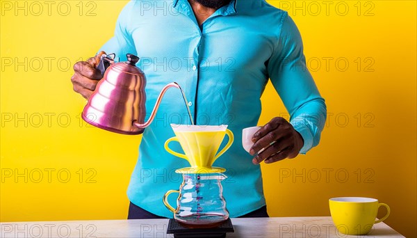 Vibrant shot of a muscular man in red shorts making coffee on a yellow background, horizontal, AI generated