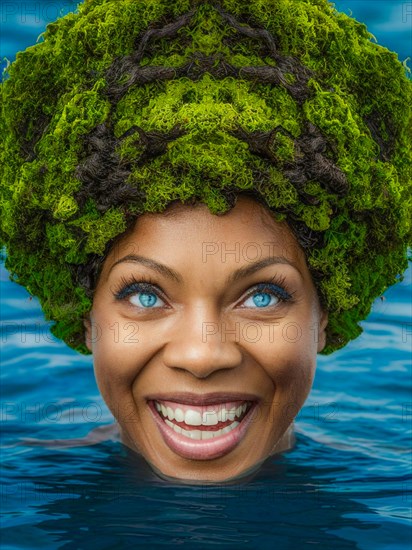 Colorful portrait of a smiling person with moss on head immersed in water, AI generated