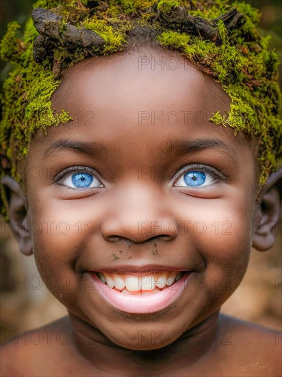 Joyful child with blue eyes crowned with greenery in a close-up outdoor shot, moss growing and thriving, creating a mystical and enchanting effect, earth day concept, AI generated
