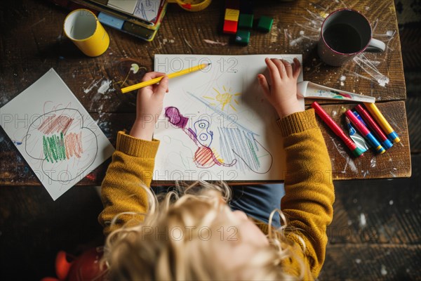A preschool child sits at a table and draws a picture with coloured pencils, AI generated, AI generated, AI generated