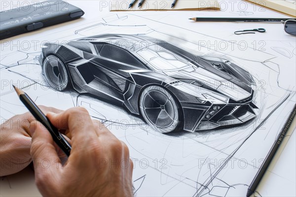 A designer in the field of automotive design, industrial design sketches a super sports car by hand with a pencil, AI generated, AI generated, AI generated