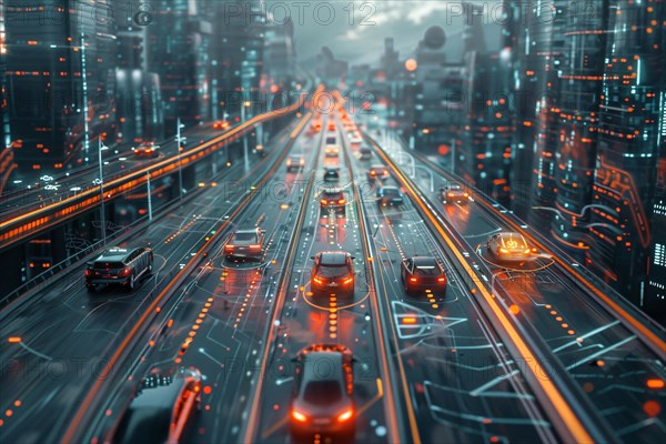 Busy traffic moves through a futuristic city with neon lights and an evening glow, AI generated