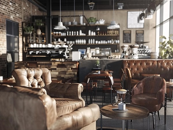 Spacious coffee shop with comfy leather furniture, wooden accents, and industrial lighting creating a relaxed vibe, coffee shop, Rome, Italy, AI generated, Europe