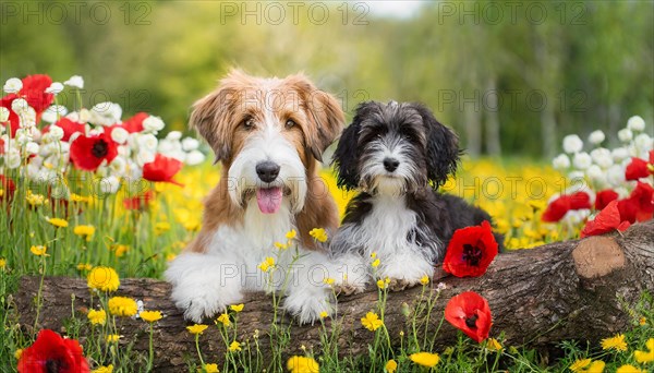 KI generated, animal, animals, mammal, mammals, bobtail, (Canis lupus familiaris), dog, dogs, bitch, dog breed from England, a bitch and a puppy, flower meadow