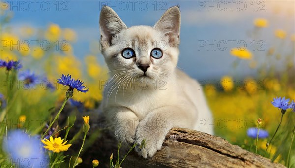 KI generated, animal, animals, mammal, mammals, cat, felidae (Felis catus), a kitten resting in a meadow on a tree trunk