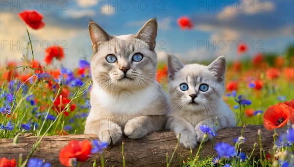 KI generated, animal, animals, mammal, mammals, cat, felidae (Felis catus), a cat and a kitten resting in a meadow with colourful flowers