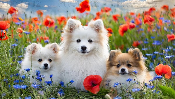 KI generate, animal, animals, mammal, mammals, dwarf spitz, Spitz, (Canis lupus familiaris), dog, dogs, bitch, Pomeranians, a bitch and two puppies sitting in a meadow with poppies and cornflowers