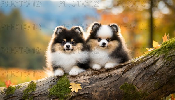 KI generated, animal, animals, mammal, mammals, one, single animal, dwarf spitz, Spitz, (Canis lupus familiaris), dog, dogs, bitch, Pomeranians, two colourful puppies lying on a tree trunk, autumn