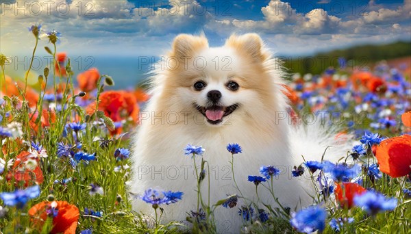 KI generated, animal, animals, mammal, mammals, one, single animal, dwarf spitz, Spitz, (Canis lupus familiaris), dog, dogs, bitch, Pomeranians, flower meadow, summer