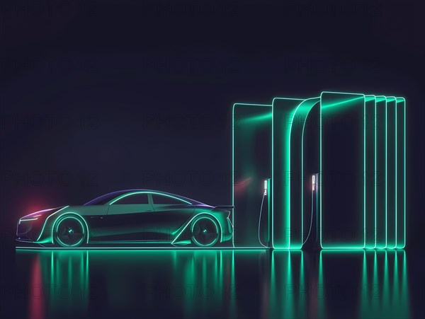 Futuristic neon-lit scene of a sleek electric car at a glowing charging station, illustration, AI generated