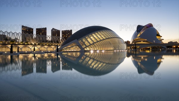 L'Hemisferic in the City of Arts and Sciences, behind it the Palau de les Arts Reina Sofia opera house, Cuitat de les Arts i les Ciences, Valencia, Spain, Europe