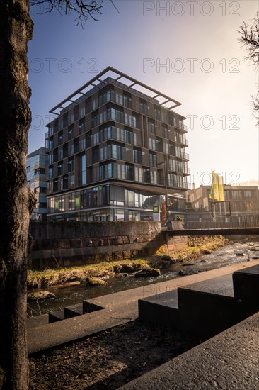 Ibis Styles Hotel, Modern architecture with reflection in a puddle, captured in daylight, sunrise, Nagold, Black Forest, Germany, Europe