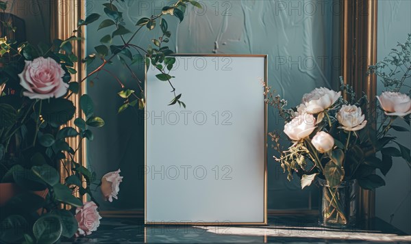 Flat background with blank poster mockup against dark wall with pink rose flowers in vase AI generated