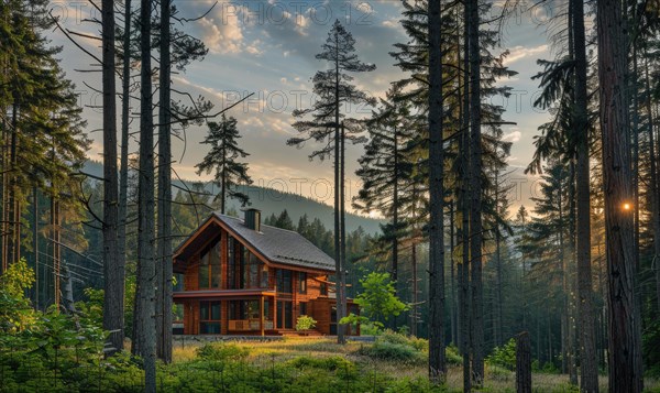 A modern wooden cabin nestled among tall pine trees in the forest AI generated