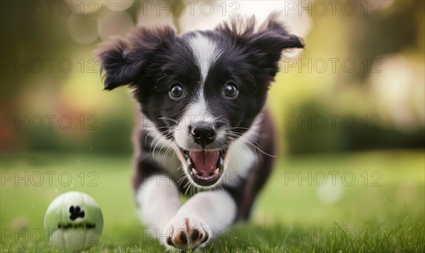 Border collie puppy eagerly awaiting a game of fetch in a grassy park AI generated