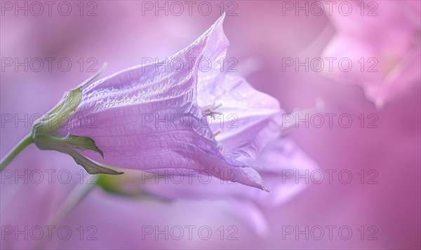 Close-up of a bellflower in soft light, closeup view, selective focus, spring background AI generated