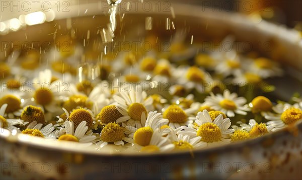 Close-up of chamomile flowers being distilled, nature beauty background AI generated