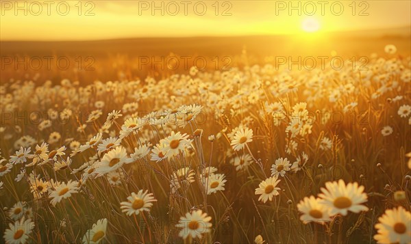 Daisies in a field at sunset, fields and meadows, spring nature background AI generated