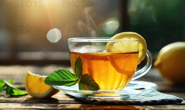 Herbal tea and lemon in a clear glass cup AI generated