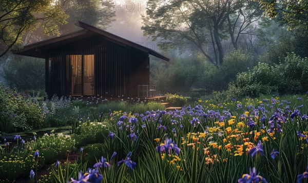 Morning mist enveloping a contemporary wooden cabin hidden deep within a spring garden filled with blooming irises and lilies AI generated