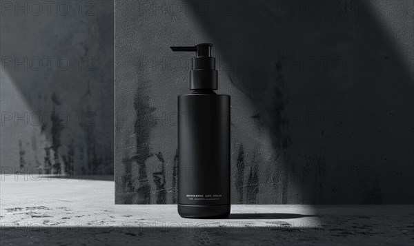 Studio shot of a matte black glass bottle mockup showcasing a product, minimalist branding AI generated