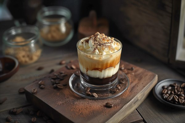 Indulgent coffee with caramel and whipped cream in a glass mug, AI generated