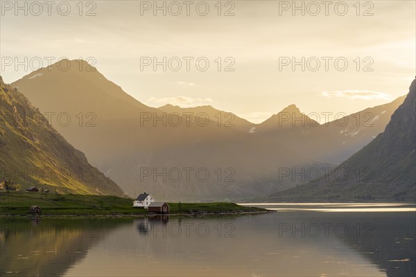 Landscape with sea and mountains on the Lofoten Islands. The fjord Flakstadpollen and some houses belonging to the village of Flakstad. The landscape is reflected in the sea. At night at the time of the midnight sun in good weather, the sun shines in from the side. Flakstadoya, Lofoten, Norway, Europe