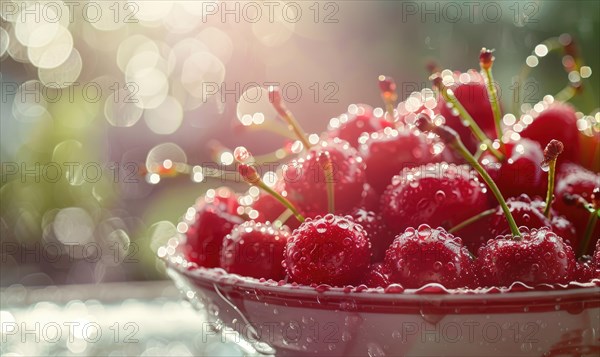 Close-up of a bowl of ripe cherries on a kitchen counter AI generated