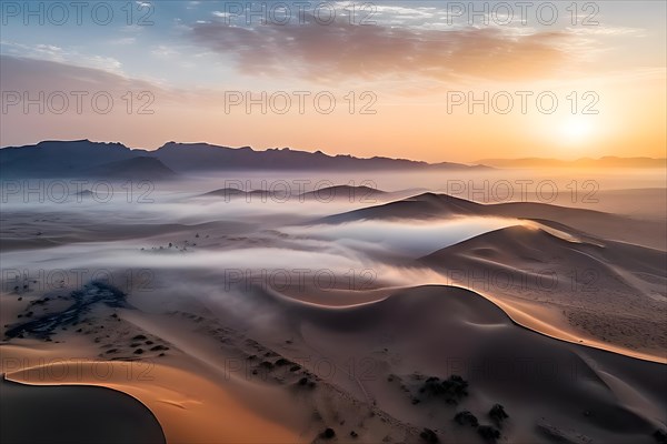 Early morning fog rolling over the dunes of the namib, AI generated