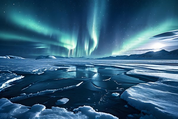 Aurora borealis casting its vibrant show over a sprawling ice field, AI generated