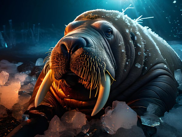 Walrus lounging on coastal ice, AI generated