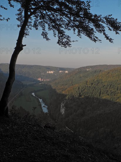 View along the Danube to the Benedictine Archabbey Beuron, district of Sigmaringen, Baden-Wuerttemberg, Germany, Europe