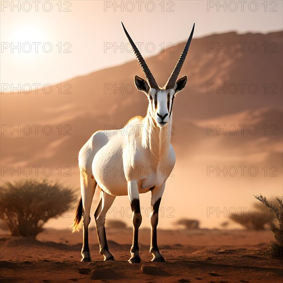 Arabian oryx with its long straight horns white coat shimmering in desert sun, AI generated