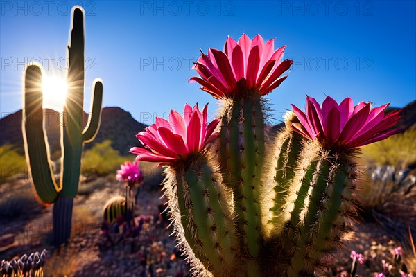 Saguaro cactus with vibrant flower in full bloom in early morning light, AI generated