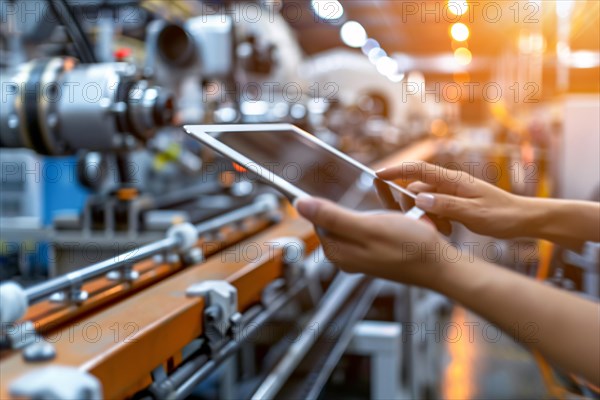 Hands holding smart industry control tablet with blurry machine in background. KI generiert, generiert, AI generated