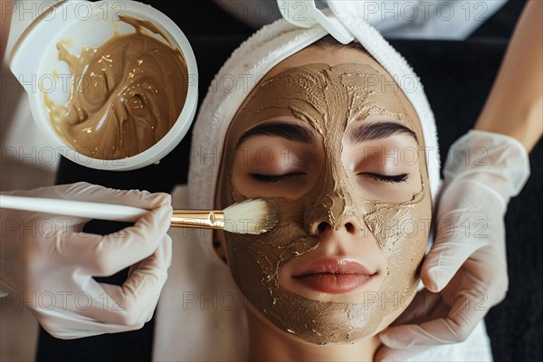 Cosmetician applying brown beauty skin care face mask on woman's face. KI generiert, generiert, AI generated