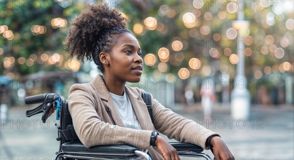 Reflective woman in wheelchair outdoors with twinkling bokeh lights in the background, AI generated