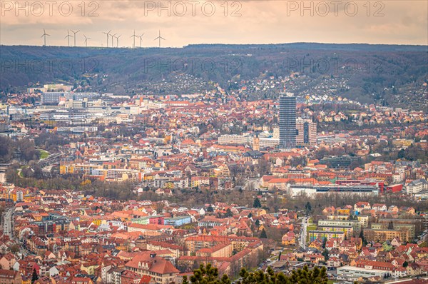 City centre of Jena with the Jentower in the centre and the Kernberge in the background, Jena, Thuringia, Germany, Europe