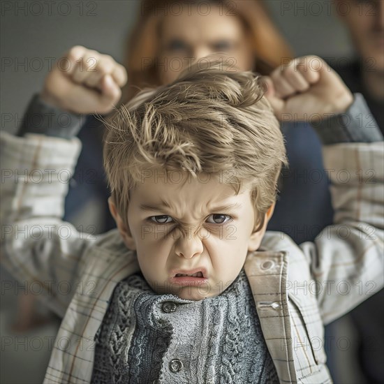 An angry child grimaces and poses energetically, AI generated