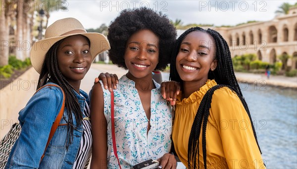 Smiling group of three friends in casual wear enjoying a sunny day out, with an urban landscape behind them, blurry moody landscaped background with bokeh effect, AI generated