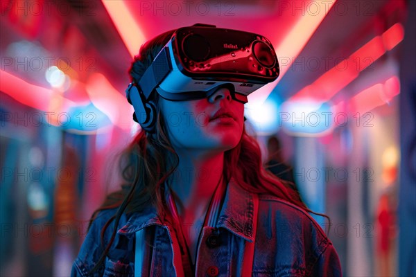 Woman in denim jacket wearing a VR headset surrounded by neon lights, AI generated