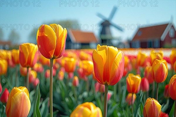 Field of vivid orange tulips with a Dutch windmill and clear blue sky in the background, AI generated