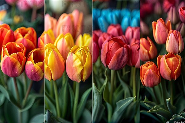 Triptych of tulips in yellow, orange and red hues, AI generated