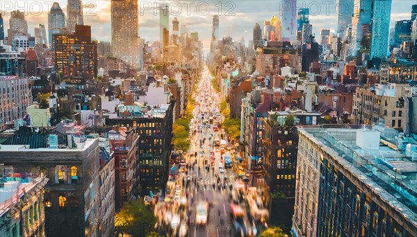 City view at dusk with long exposure and streaks of car lights, rush hour commuting time, sunset, blurry cityscape, bokeh effect, AI generated