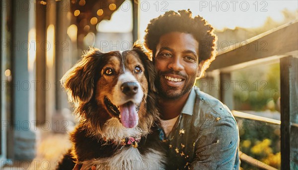 A man and his dog are smiling for the camera. The man is wearing casual the dog is wearing a collar. Scene is happy familiar and friendly AI generated