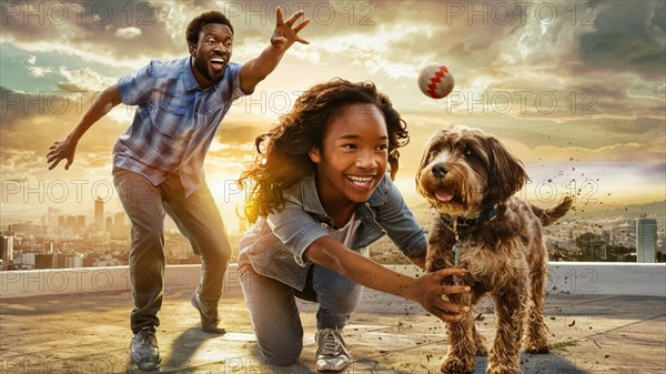 Family playing with their dog, tossing a ball in a city during sunset, AI generated